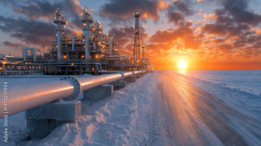Poster a large industrial plant with a pipeline running through it