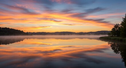 Fototapeta premium Beautiful lake sunrise landscape scenic view with reflection of colorful sky and trees at dawn horizon