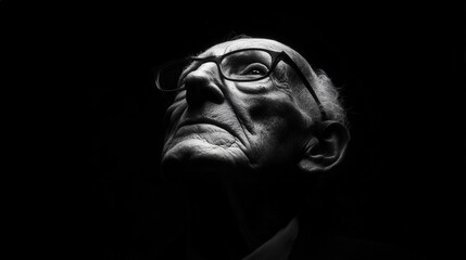 Striking black and white portrait of an elderly man looking upwards, dramatically lit with strong shadows and textures