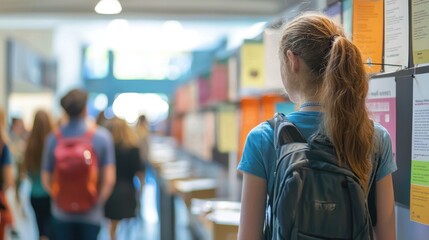A college fair booth with university brochures and displays