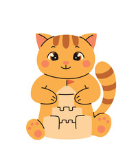 Cartoon cat making a sand castle. Flat vector illustration.