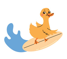 Cartoon duck on a surfboard. Flat vector illustration.