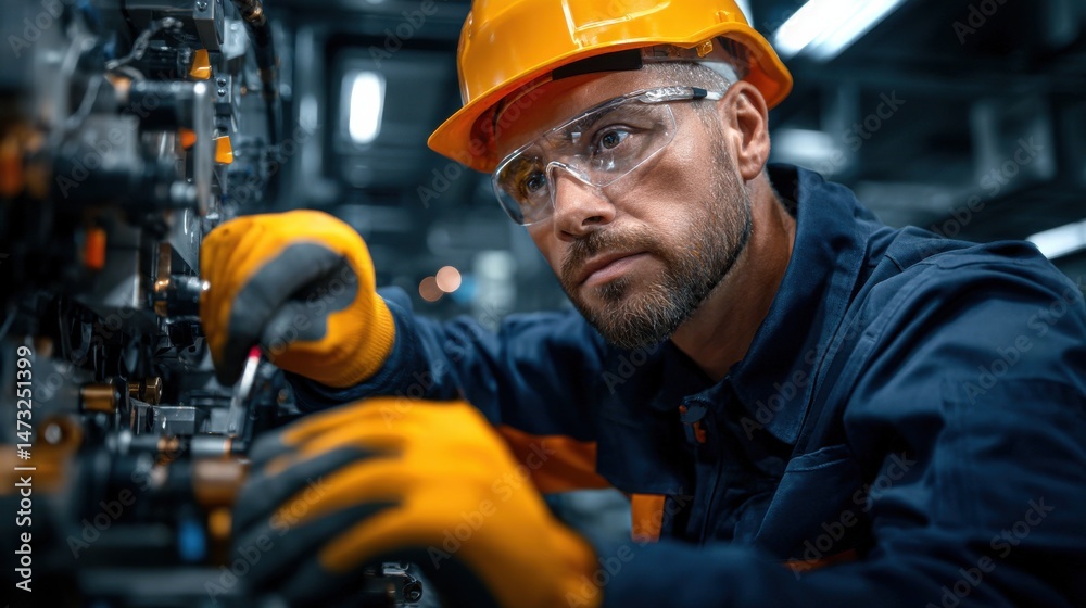 Poster a man in a yellow helmet and orange gloves is working on a machine