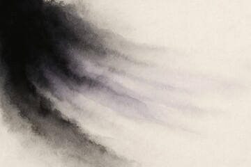 Abstract ink wash background, dark sumi-e black fading into translucent watercolor trails with soft lavender undertones