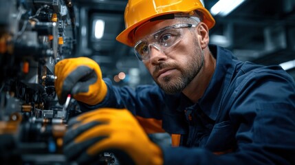 A man in a yellow helmet and orange gloves is working on a machine