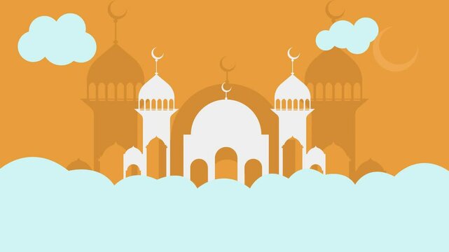Animation Islam muslims mosque vector illustration with crescent moon and cloud