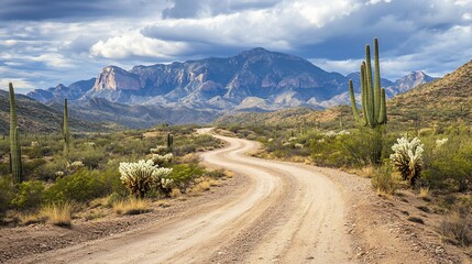 Winding dirt road through desert landscape, dramatic mountain range in background