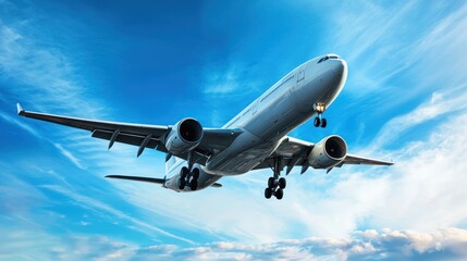 Fototapeta premium A large passenger jet flying in a blue sky with contrails