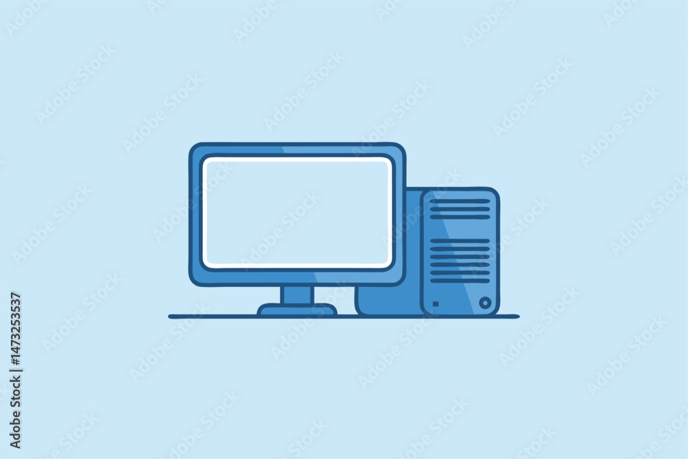 Poster simple illustrated desktop computer setup with a blank screen for visual content