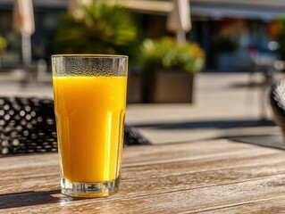 Outdoorsy drink, a glass of golden juice on a wooden table.