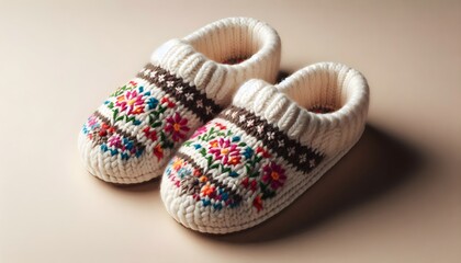 Fototapeta premium Cozy folk-style wool slippers mockup in traditional design, side by side placement on clean neutral background, colorful stitching details