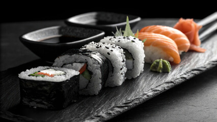 Fresh sushi rolls and nigiri served on slate plate with soy sauce, wasabi, and pickled ginger, creating delicious and elegant presentation