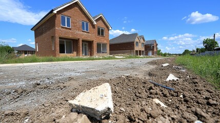 New Brick Houses Under Construction on a Sunny Day