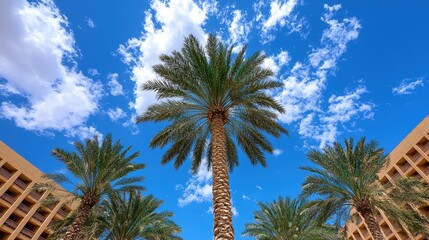 Obraz premium Palm Tree Against a Bright Blue Sky with Fluffy Clouds