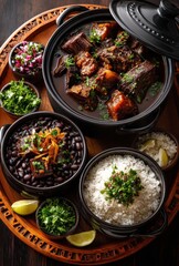 Savory Dish of Tender Beef Stew Served with Black Beans, White Rice, Fresh Herbs, and Lime on a Wooden Tray in a Rustic Setting