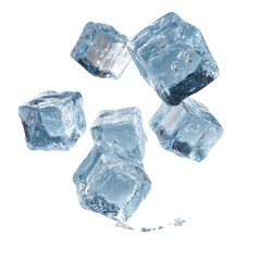 Obraz premium Crystal clear ice cubes falling on stunning cold blue drop cool water on transparent background