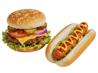 Cheeseburger and Hot Dog on White Buns