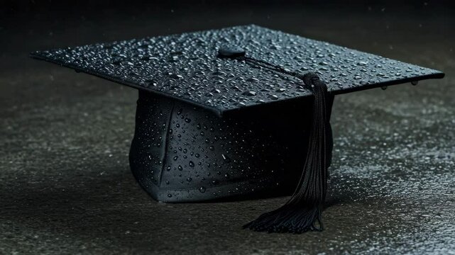rain drops, Close-up of a graduation cap with a golden tassel on a textured surface, captured at a low angle. Ideal for an educational video theme. graduation cap, dark tassel, metallic black, 