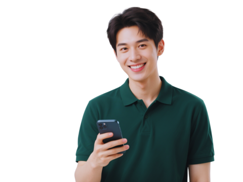 Smiling Young Asian Man Using Smartphone