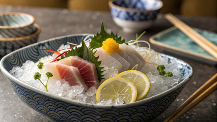 Fresh sashimi slices served on ice with lemon and garnish in decorative bowl, creating vibrant and appetizing presentation