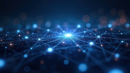 Futuristic Digital Circuit Network with Glowing Nodes and Blurred Edges on Gradient Blue Background â€“ Dynamic Interconnected Lines in Motion, Metallic Sheen, and Deep Layered Tech Composition