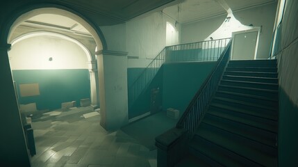 Fototapeta premium A dimly lit, aged interior with a grand staircase and arched hallway