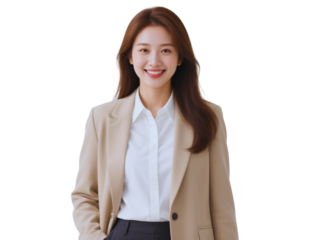 Smiling Young Asian Businesswoman in Beige Blazer and White Shirt