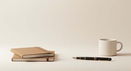 Notebooks and pen with coffee mug on desk for writing and planning in office workspace concept
