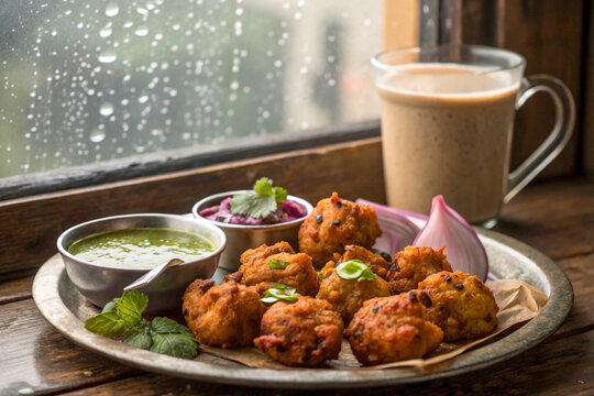 Assorted pakoras (onion, chili, paneer) on a rustic tin plate, with mint chutney and steaming chai, styled with raindrops on a window