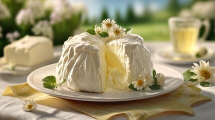 Elegant layered cream dessert with daisies and fresh flowers.