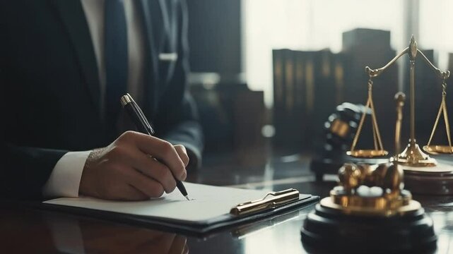 Advocate signing legal documents with scales of justice in the background video