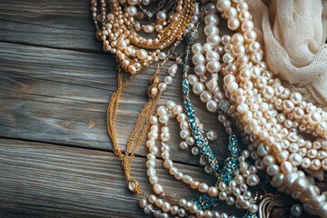 Fototapeta premium A collection of elegant pearl and beaded necklaces on a rustic wooden surface