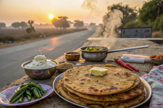 Hot aloo parathas being served with butter melting on top, surrounded by curd, pickles, and chili, with a roadside dhaba in the background