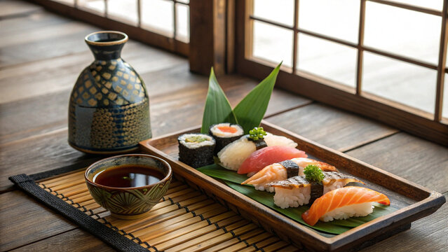 Wooden tray of assorted sushi with soy sauce and sake bottle on bamboo mat by window, creating serene dining atmosphere