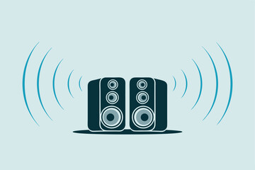 Two vector speakers broadcasting sound waves audio music technology illustration design