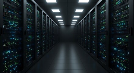 Data center server room with racks for hosting it infrastructure and cloud computing services