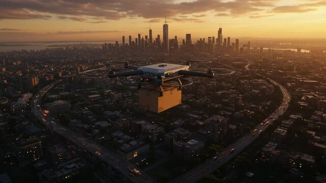 Aerial video captures a drone delivering a package over a cityscape at sunset, showcasing futuristic logistics from a high-angle perspective.complex drone aerial cityscape sunset urban landscape, 