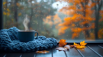 Cozy autumnal drink by the window on a rainy day