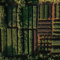 Aerial view of diverse, meticulously organized farm plots