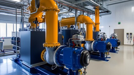 A large industrial space with a lot of machinery and pipes. The room is dimly lit and has a sense of industrialization