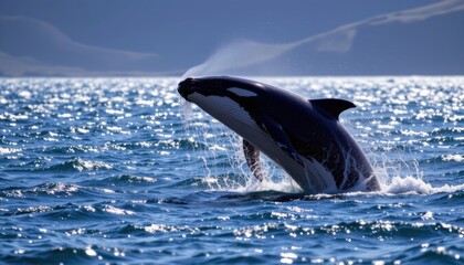 Fototapeta premium Orca Whale Breaching and Splashing Water in Calm Ocean Waters Under Clear Blue Sky
