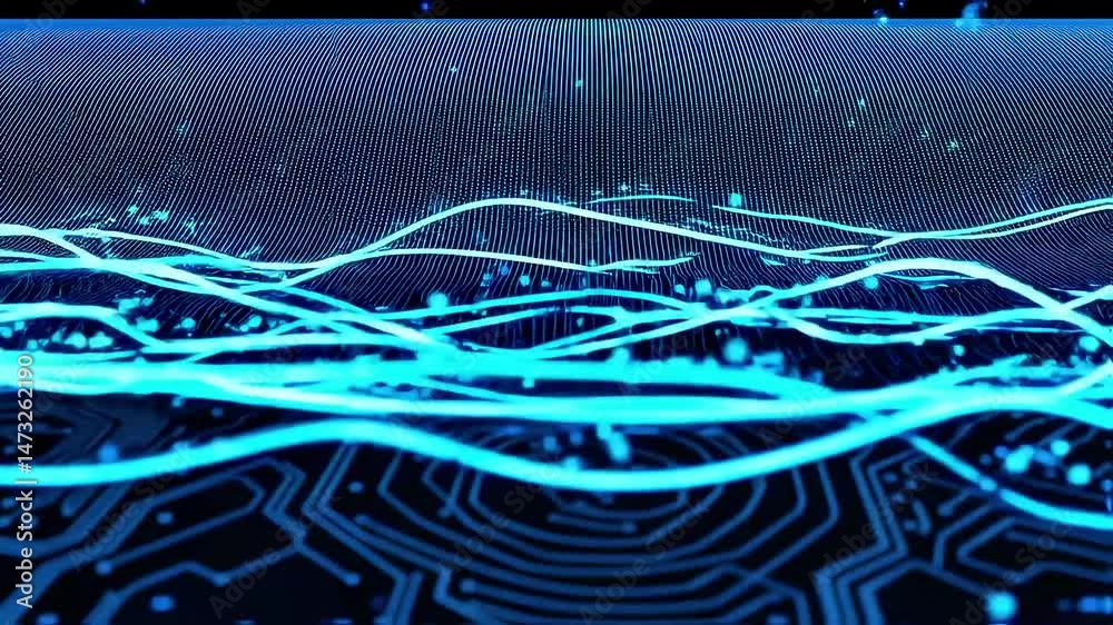 Poster abstract blue data stream: circuit waves flowing