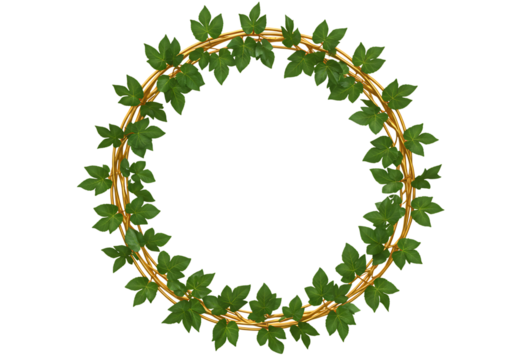 Green leaves wreath golden frame on white background on transparent background