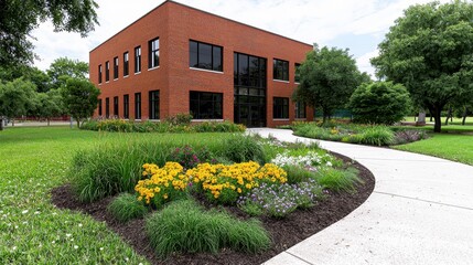 Naklejka premium Landscaped Brick Building Exterior with Curved Walkway