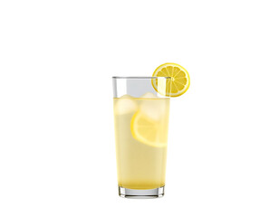 Lemonade in a tall glass with ice and a lemon slice