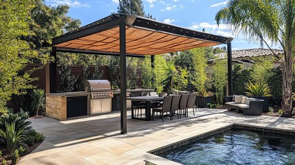 Sleek outdoor setup with pergola awning, dining table, metal grill.