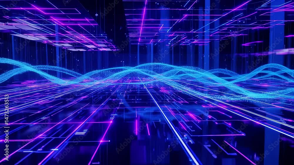 Aufkleber futuristic digital landscape with glowing lines and flowing particle streams