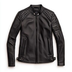 Stylish Black Leather Biker Jacket with Quilted Detail and Zippers