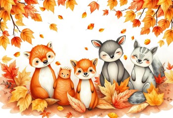 Fototapeta premium Cute watercolor autumn animals amongst falling leaves , forest, cartoon