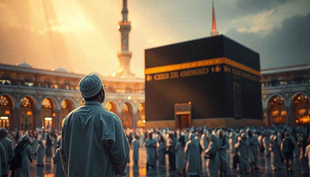 A Person Gazes At The Kabba Surrounded By Fellow Muslims Bathed In The Warm Glow Of Sunset Light
